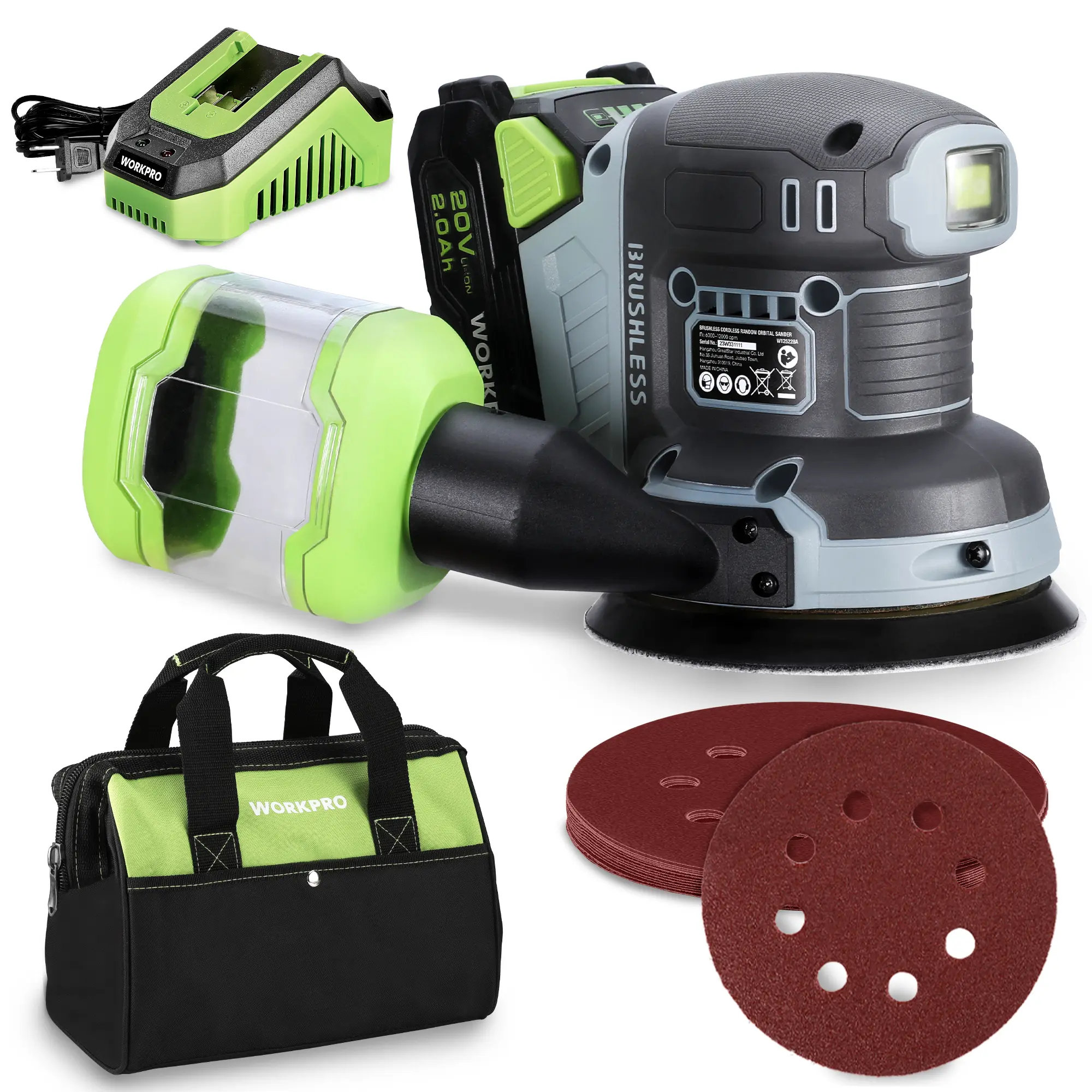 #summersale WORKPRO Cordless Random Orbital Sander Brushless 6 Variable Speeds 6000 to 12000 OPM, 20V 5in Electric Orbit Sander for Woodworking with Battery, Charger, Dust Collector, Tool Bag,15 Counts Sanding Discs