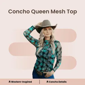 Sterling Kreek Women's Concho Queen Mesh Turtleneck Lady Shirt - Long Sleeve High Neck Polyester-Spandex Fabric Top, Breathable Sheer Western Wear Layering Piece, All Seasons Casual Womenswear