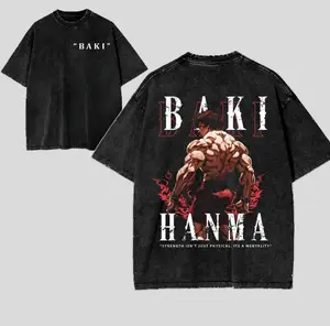 BAKI HANMA Anime Wash Tee Full Size Full Color Streetwear Top for Anime Fans Seamless Gift for Menswear Tshirt Round Neck Crewneck Casual Shortsleeve