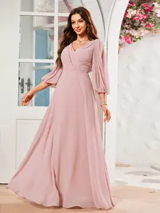 Elegant V Neck Slit Lantern Sleeve Pleated Ruched Waist A-Line Maxi Chiffon Bridesmaid Dress, Pure Color Party Gown for Women