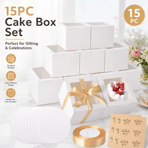 15 Pcs 6x6x5 Inch Window Cake Boxes – Plus 15 Cardboard, 1 Ribbon Roll, 3 Labels – Perfect for Homemade Cakes, Gifts, Party Favors