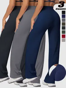 Women's High Waist Wide Leg Yoga Pants, Peach Butt Long Straight Leg Workout Pilates Fitness Quick-Dry Gym Wear, Athleisure Bottoms, Polyester + Elastane