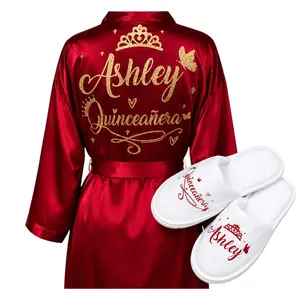 Women's Personalized Satin Quinceañera Robe & Slippers Set - Loungewear Gowns Nightwear, Custom Name & Phrase, Sweet 15 Gift