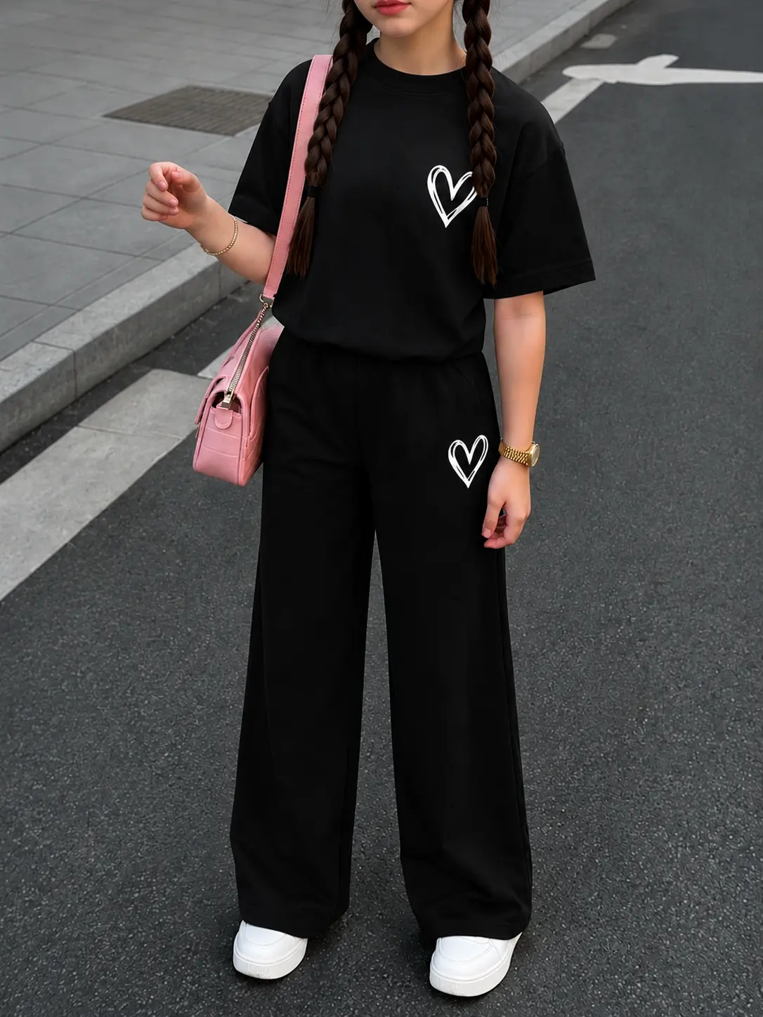 Girls' 2-Piece Polyester Blend Casual Outfit - Black Hand-Drawn Hearts Graphic T-Shirt, Loose-Fit Wide Leg Pants, Lightweight Medium Length Fall Minimalist Soho Chic Kids' Clothing