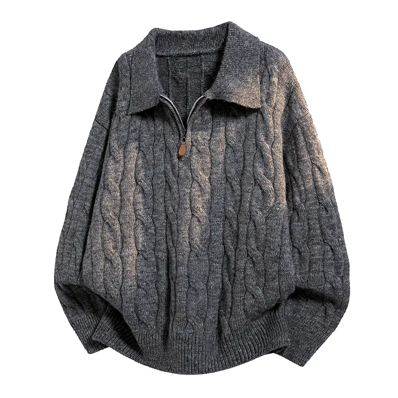 Men's Vintage Cable Knit Lapel Half-Zip Long Sleeve Casual Loose Menswear Sweater - Solid Twist Textured Fabric Top, Lazy Style Pullover for Campus, Daily Use (Valentines Gift Option), Jacket, Shirt