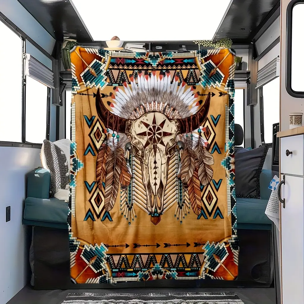 FRANALA Bohemian style blanket cow bone blanket with Native American tribal pattern, feather geometric pattern durable machine washable suitable for home decoration and daily use, all seasons blanket retro geometric design comfortable and warm