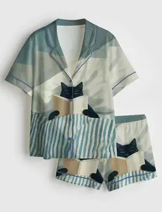 Black Cat Reading Pajama Set, Book Lover Theme Sleepwear, Short Sleeve Button Top, Elastic Waist Shorts, Cozy Lounge Outfit Gift