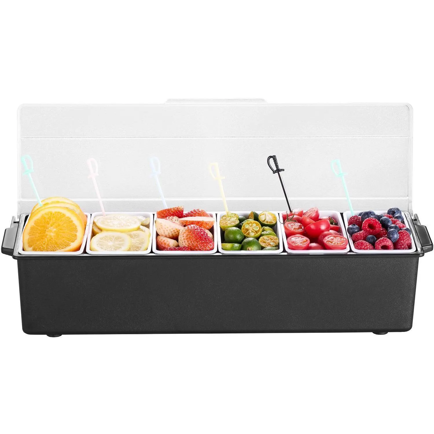 VEVOR Impact-Proof 6-Compartment Ice-Cooling Food Storage Container, 6 Detachable Compartments, Lid, Utensils, Preservation Bar Caddy, Maintains Freshness, Outdoor Kitchenware for Camping, Home Use