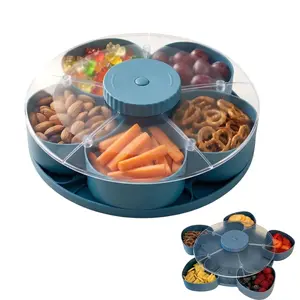 Divided Spin & Snack Serving Tray, Upgrade 5-Compartment Rotating Party Platter, Rotating Snack Box Container with Lid for Snacks, Dips & Party Appetizers, for Picnic,Travel and Kitchen