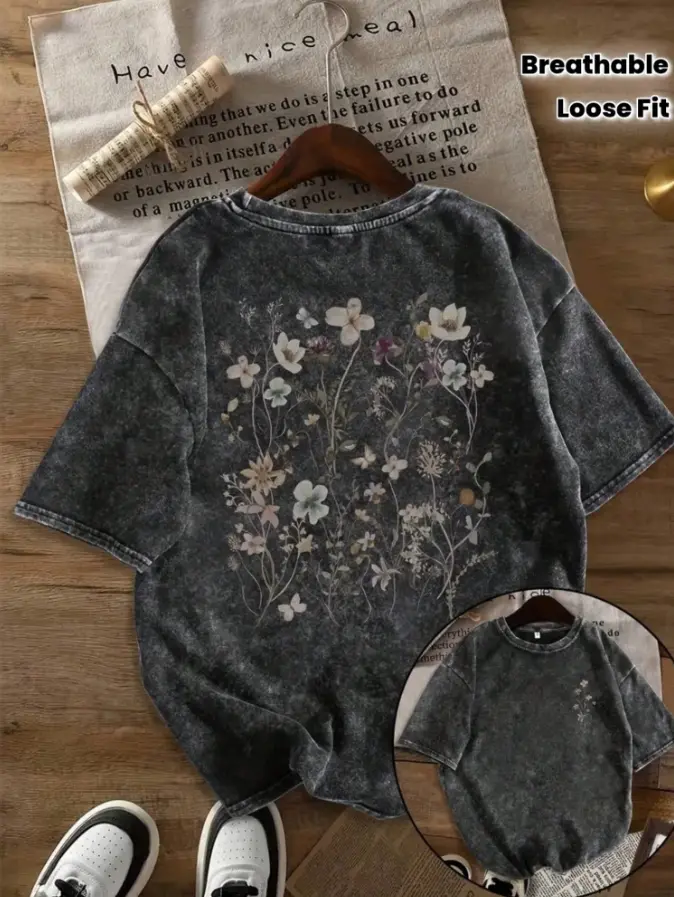 Vintage Washed "Vintage Floral" Double-Sided Print Tee | 230gsm Heavyweight Streetwear, Unisex Oversized Crew Neck Fit, Soft Breathable Cotton Casual Layering Top for Men & Women