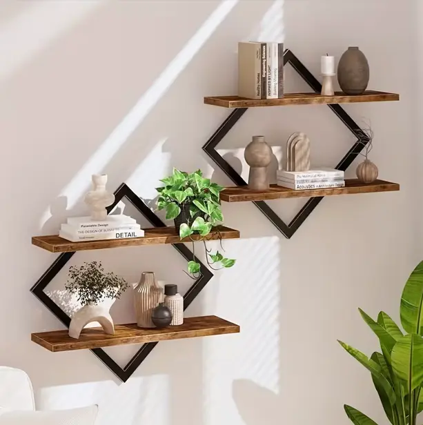 Rustic Brown Double Layer Geometric Diamond Wall Floating Shelf Set - Industrial Metal Wire & Wooden Storage Shelves, Minimalist Artistic Wall Decor, Suitable for Living Room, Bedroom, Office