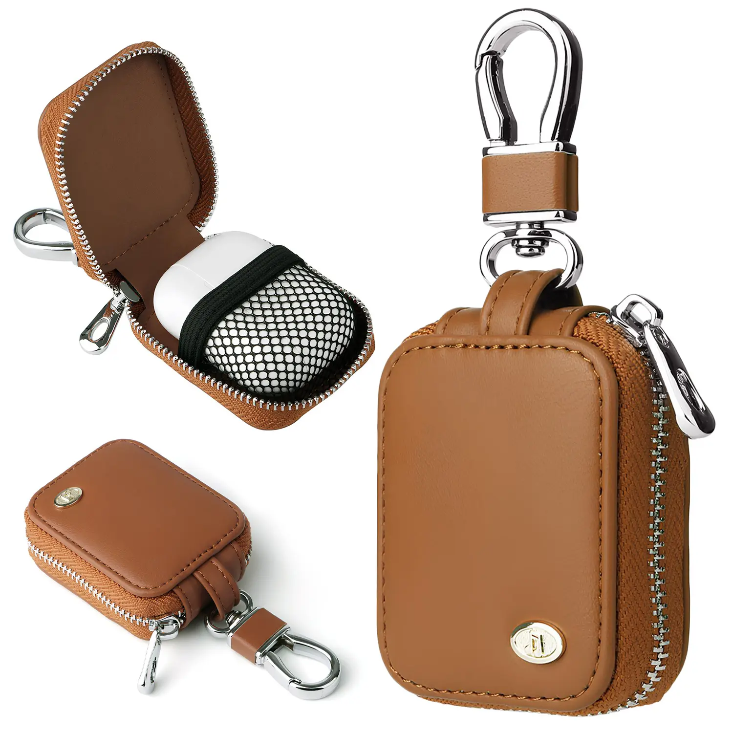 Universal Leather Earbud Case for AirPods Pro 4/3/2/1 - Dustproof, Anti-scratch Handheld Travel Storage Pouch with Mesh Pocket, Card Slot, Space-Saving Design, Keychain & Device Protection (PU Leather Hard Audio & Video Accessory)