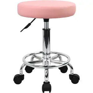 PU Leather Round Rolling Stool with Foot Rest Swivel Height Adjustment  Drafting Salon  Work Office Massage Stools Task Chair ()