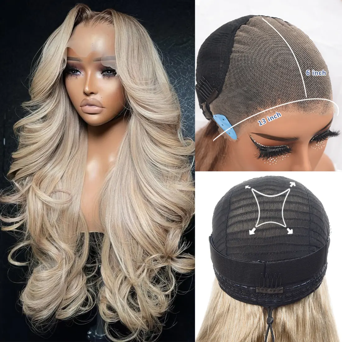 Ombre Ash Blonde Drawstring Wig Body Wave Glueless Wig With Dark Root Colored Lace Front Wigs Human Hair For Women 13x6 HD Lace Wig 180% Density Raw Remy Hair Wigs Pre Cut