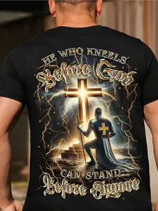 Men's Plus-Size Christian T-Shirt - Jesus Cross Print Cotton Y2K Streetwear Suitable for Church, Casual Wear & Faith Gifts, Machine Washable Round Neck Short Sleeve Top with Son of God - Holiday Gift Apparel for Church Outfits, PLUS SIZE