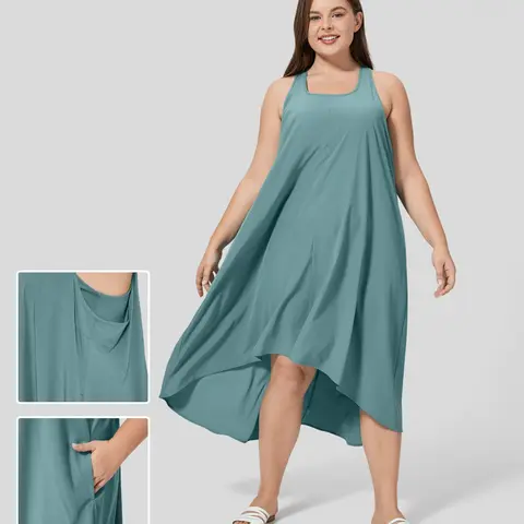 Halara Breezeful Backless Racerback Side Pocket High Low Flowy Midi Quick Dry Casual Plus Size Dress