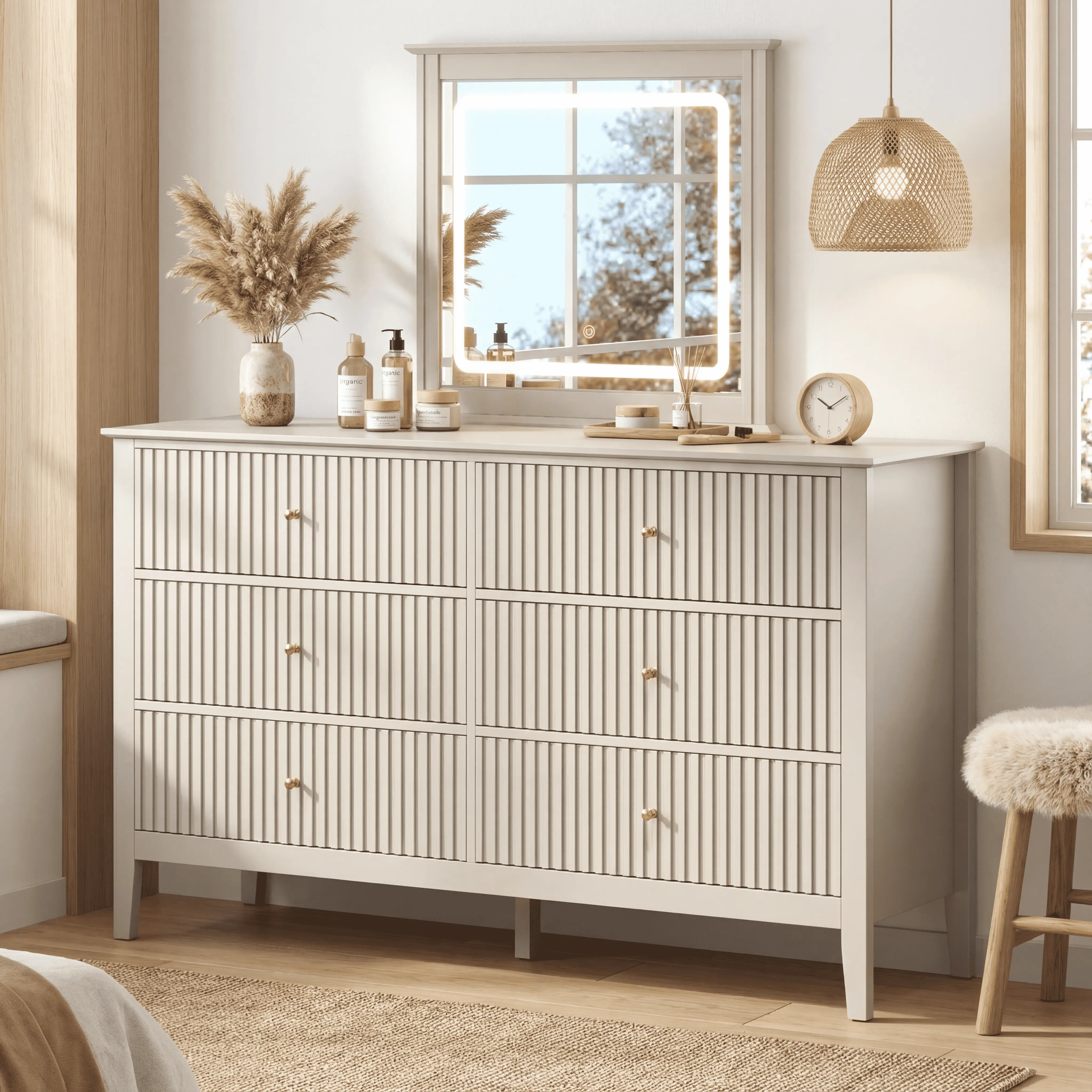 【Summervibes】RoyalCraft Mordern 6/7/9 Drawer Dresser without Mirror, Fluted Nightstand with 3 Drawers, Wood Storage Organizer, Wide Chest of Drawers for Closet, Large Storage Cabinet and TV Stand for Living Room,Bed Room,Hallway, Entryway.