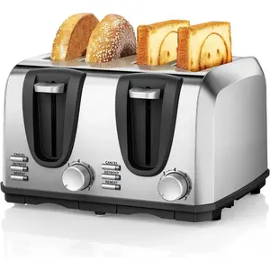 Toaster 4 Slice, Bread Toaster with Dual Control Panels Extra-Wide Slot of Bagel/Defrost/Cancel Function, 7 Toasting Bread Shade Settings, Removable Crumb Trays, Auto Pop-Up, Stainless Steel
