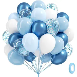 60pcs Blue and White Balloons 12inch with Pastel Pearl Light Blue Confetti White Balloons for Bridal Baby Shower Wedding Birthday Party Decorations