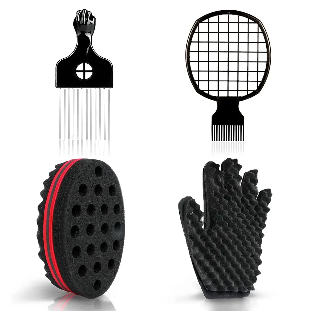 Curl Sponge Set with Glove, Metal Brush Pick and Twist Comb for Men and Women, Magic Twist Hair Sponges Set, Big Holes Sponge Brush for Hair