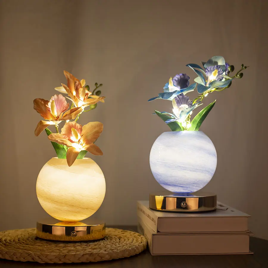Orchid Theme Round Base LED Table Lamp - Creative Phalaenopsis "Planet & Basin" Style, Bedroom Lighting, Cozy Lighting, Decorative Gentle Lamp, Aesthetic Bedside Piece, LED Decoration Gift