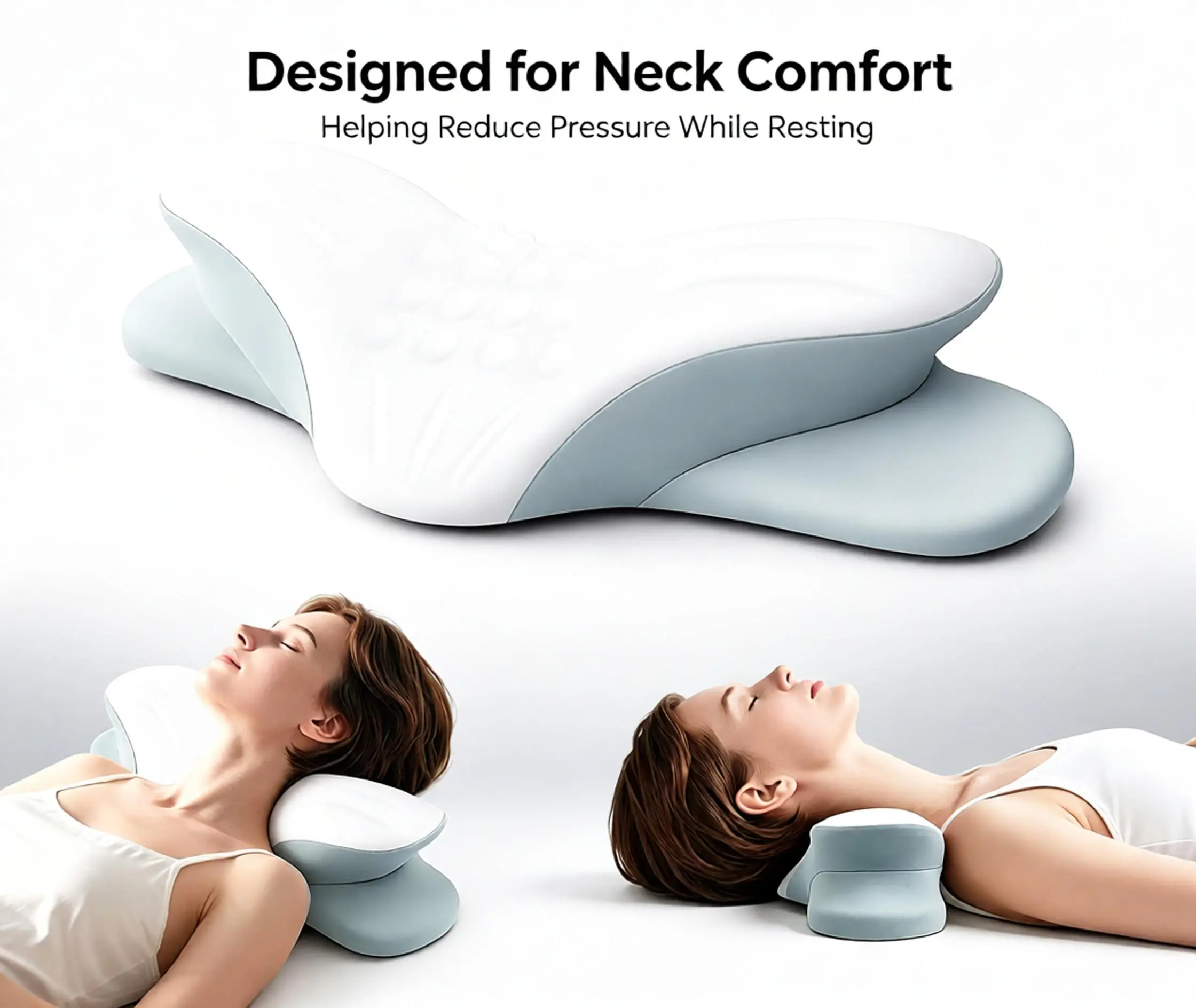 Contoured Shape Ergonomic Neck Support Pillow - Slow Rebound Memory Foam Pillow with Dual Firmness Design, Multi-Use Cushion for Home-Office-Car Neck & Shoulder Comfort