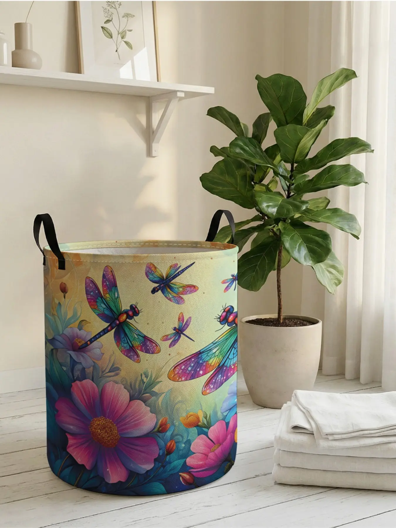 1 piece of 2D printed open storage box with butterfly and floral pattern, double handle reinforcement + foldable storage | dirty laundry organization/toy organization/home decoration all-purpose match