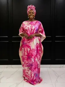 Women's Floral Print Lightweight Long Women's Fashion Print Long Robe Set, Matching Moomoo Dress + Scarf Headband, Casual Woven Fabric, Thin All-Season Wear, Beach Sun Protection