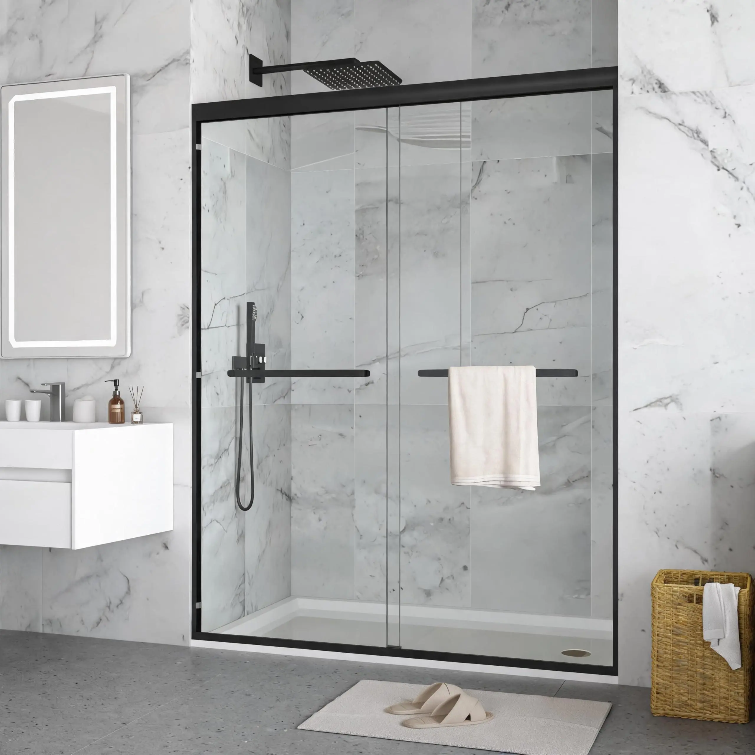 Garvee Rectangular Semi-Frameless Double Sliding Bypass Shower Door, 44"-48" W x 72" H Matte Black, 1/4" SGCC Tempered Glass with Explosion-Proof Film for Walk-in Shower Enclosure