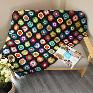 Crochet Throw Blanket Granny Blanket Sweater Style Year Round  Indoor Outdoor Travel Accent Throw for Sofa Comforter Couch Bed Recliner Living Room Bedroom Decor 59" x39" (Black)