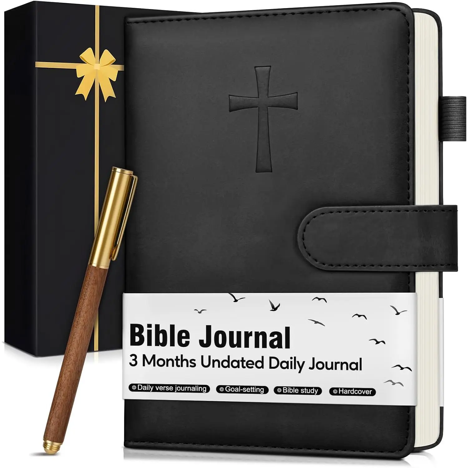 Men's Leather Christian Scripture Verse Notebook - Latch-Closed Office Journal with Undated Pages, 2 Satin Bookmarks, Ideal Male Gift for Husband (Black)
