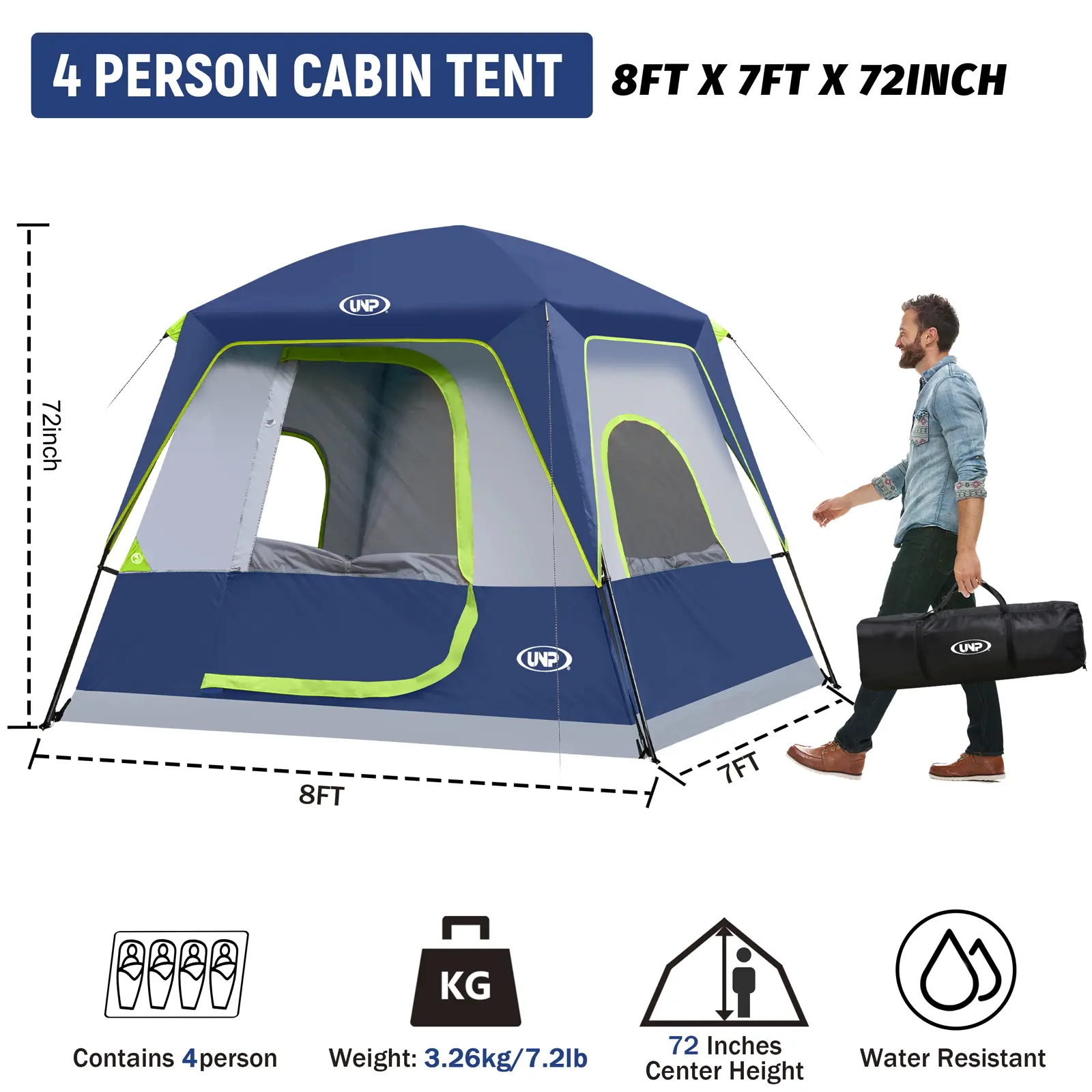 UNP 4-Person Instant Cabin Tent Portable Waterproof with Removable Awning High-Quality Windproof Camping Gear Spacious Interior 8' x 7' x 72" Breathable Mesh Windows Stable Structure 1-Year Warranty essentials quick setup camp compact lightweight