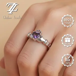 S925 Sterling Silver Claddagh Ring with Purple Heart Stone | Irish Love Friendship Ring | Gift Jewelry for Women Fine Craftsmanship