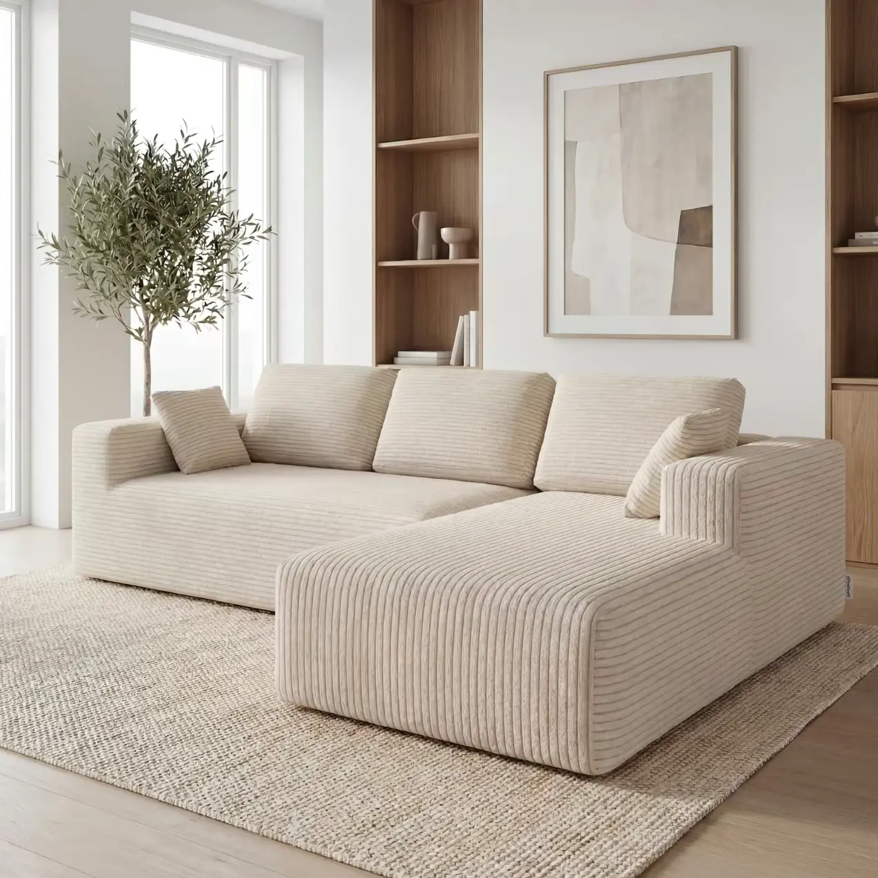 Modern corduroy L-shaped modular sofa, cloud sofa, living room sofa budget couch friendly sectional boneless