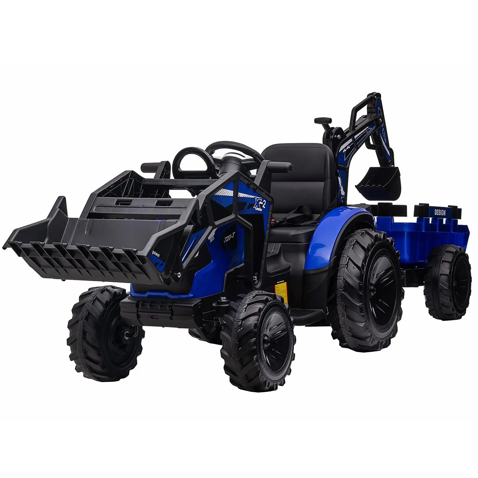 24V Battery-Powered 3-in-1 Electric Ride-On Tractor-Excavator-Bulldozer with Trailer, Remote Control, EVA Tires, LED Lights, Music, USB, Engine Noises, Seat Belt, Retro Look, Chrome Details, Bright Blue Pretend Play Ride-On Toy Car, Ride On Wheels, Classi