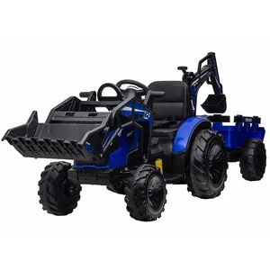 3-in-1 Ride-On Tractor-Excavator-Bulldozer-24V Electric Vehicle With Trailer-Remote Control-EVA Tires-LED Light-Music-USB-Bright Blue Ride On Car