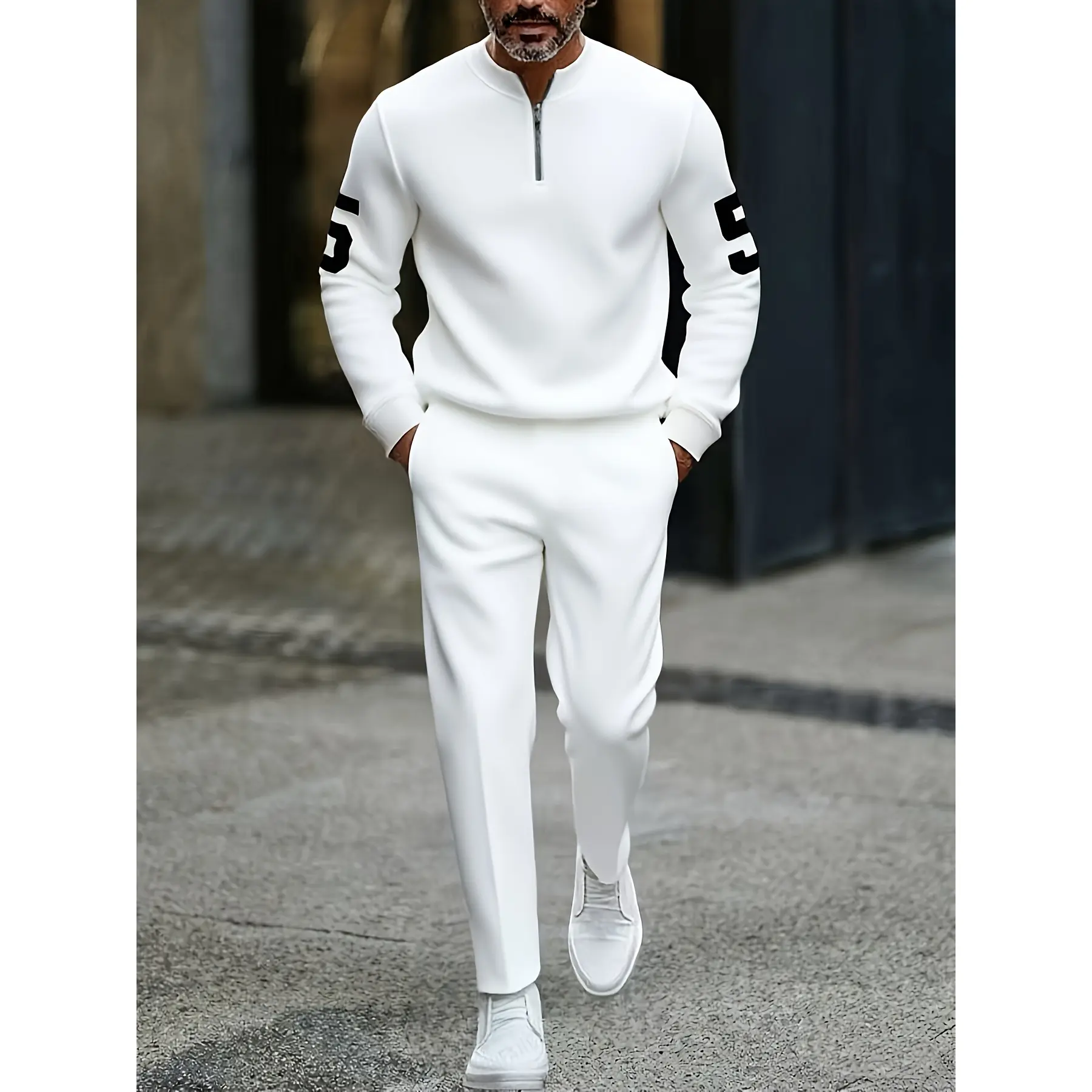 Men's 2-Piece Knitting Clothes Set - Long-Sleeve Digital Printed Half-Zip Sweater & Patterned Pants, Menswear for Business Casual, Street Wear Outings, Men’s Clothes