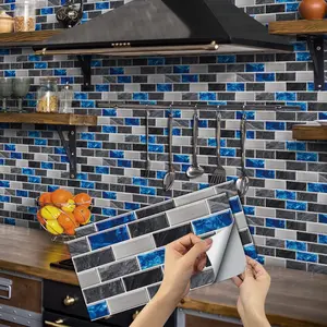 6/12/24/48 PCS FG Retro Tile Stickers Deep Blue & Grey Mosaic PVC Crystal Film Self-Adhesive Peel and Stick Waterproof Oil-Proof Splashback for Kitchen Bathroom Floor Tile Wood Home Decoration