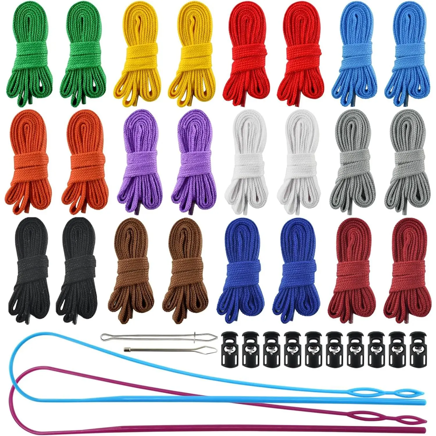 24 count 12colors Flat Drawstring Cord Replacement, Clothing Hoodie Drawstring with Three Drawstring Threading Devices, Sweatshirt, Sweatpants, Casual Pants, Rope Replacement (48inch Long)