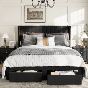 Bed Frame Upholstered Platform Bed with Velvet Headboard, Wing Edge Design, 2 Storage Drawers, No Box Spring Needed