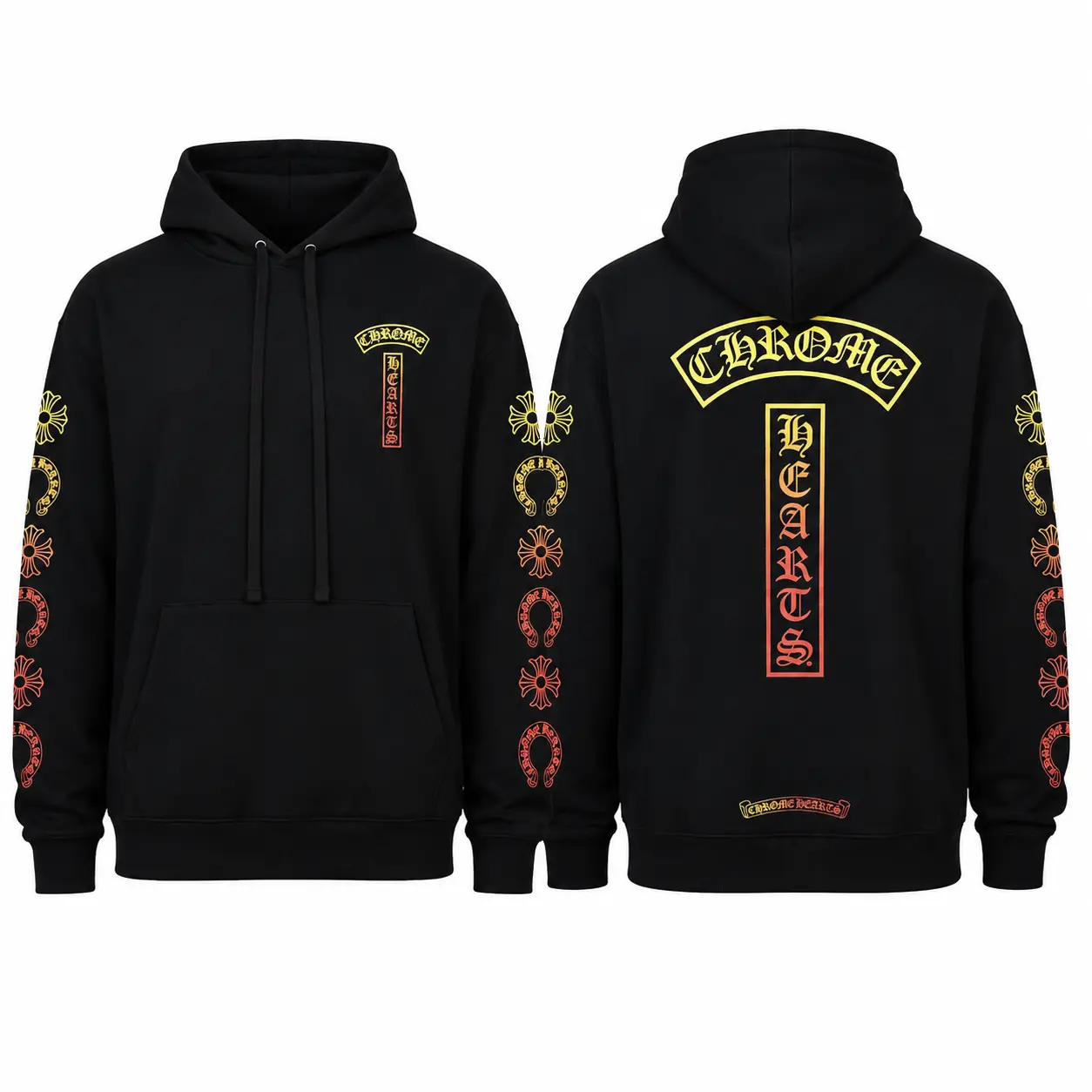 Chrome Hearts Horseshoe Cross Sleeve Graphic Hoodie, Gothic Letter Back Print Streetwear Pullover