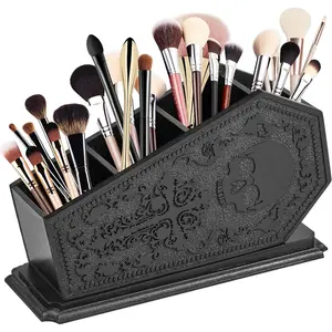 Gothic Coffin Decor Makeup Brush Holder,Spooky Witchy Gifts for Women,Skull  Display Cases,Goth Decor Pen Holder, Vanity, Desk, Office Organizer for Bedroom Bathroom (Coffin Holder-Black)