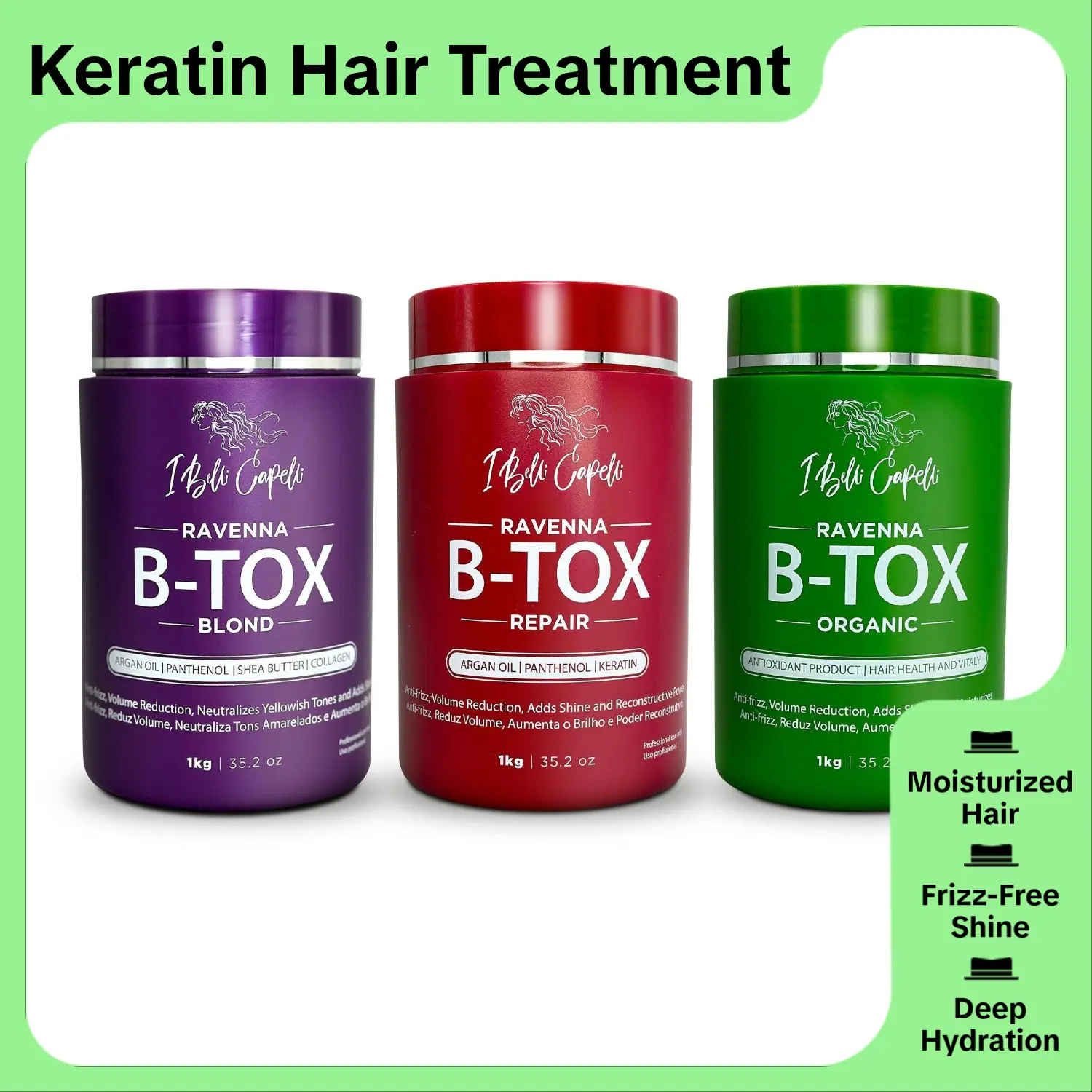 Kit I Belli Capelli Ravenna Traditional + Ravenna Organic + Ravenna Blond 3kg/3x35.02 oz Keratin Haircare Argan Oil Anti Frizz Serum Repair