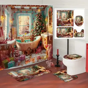 Christmas Gingerbread Bath Curtain Set, Non-Slip Mat, U-Shaped Rug, Toilet Lid Cover, Perfect Bathroom Decor, Includes 12 Hooks