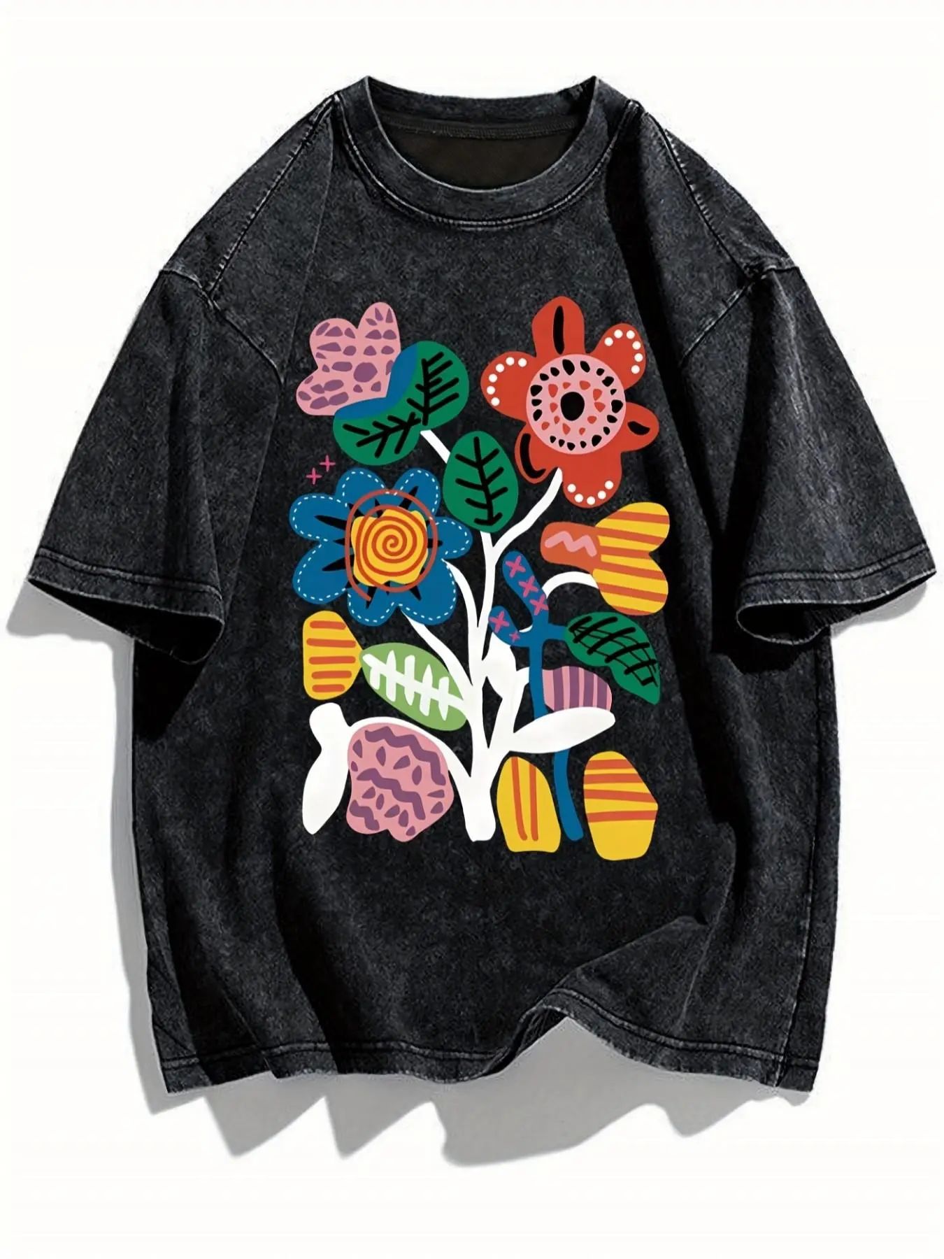 Men's 230g Thick Cotton Distressed Vintage Washed Printed Short-Sleeve Round Neck Loose-Fit Figure-Flattering T-Shirt - Menswear Tops, Machine Washable, Ideal for Spring & Summer Casual Streetwear, Father's Day Gift