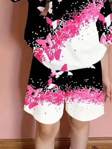 Summer Girls Casual Short Sleeve Shorts Set, 3D Butterfly Print T-Shirt Top + Full Print Shorts, Fitted Summer, Casual Fashion Set