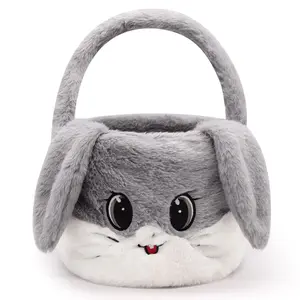 Easter Basket for Kids, Gray, Plush, Round, Cute-with Handle, Perfect for Easter Egg Hunting,, and Decoration