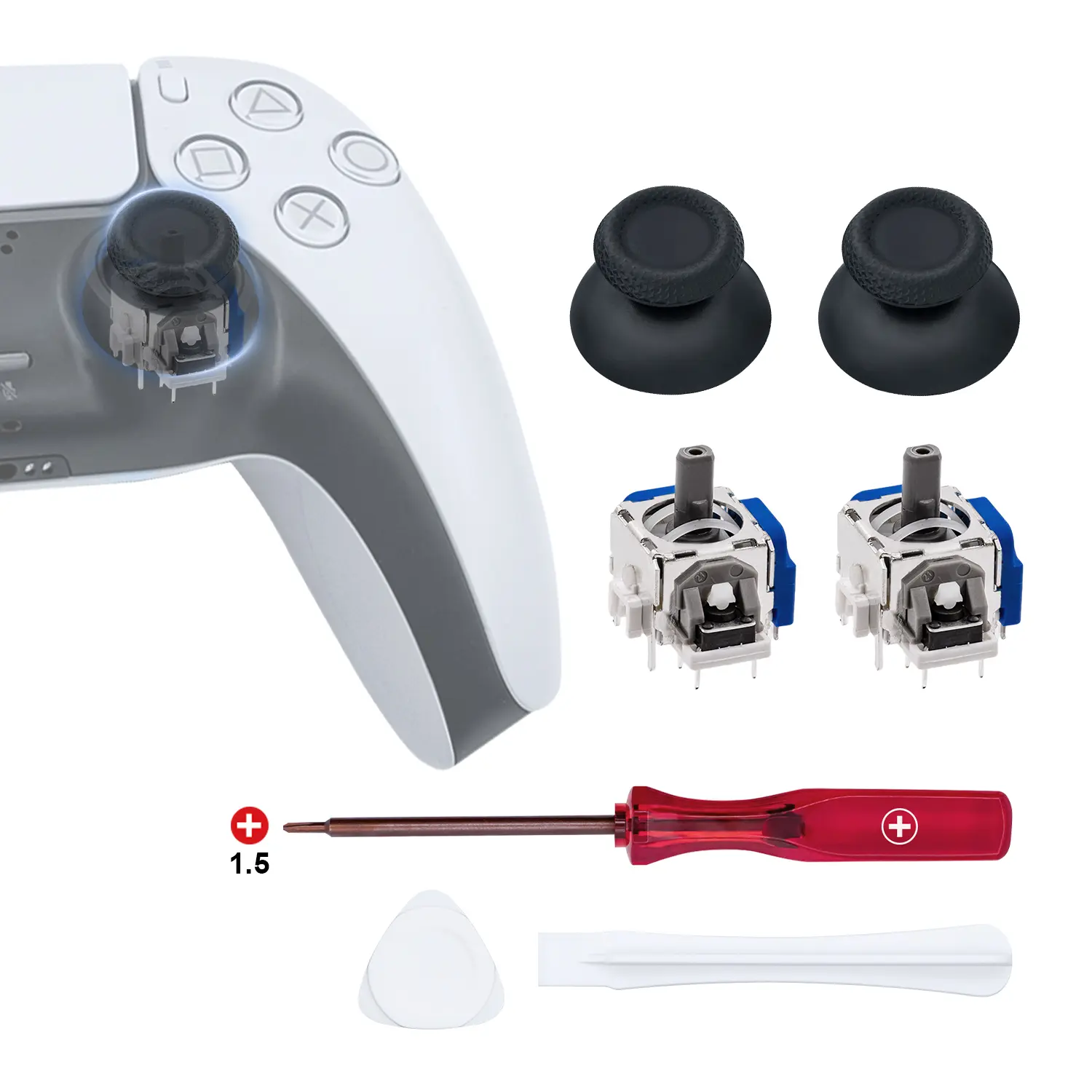 Mcbazel High-Quality Magnetic Hall Effect Analog Joystick Repair Kit for PS5 Controllers - 2 Anti-Stick Drift Thumbstick Controller Joysticks, Pry Board, Opening Tool, Gaming Accessories, PlayStation 5 Console Accessory, Manufacturer Warranty, Durability