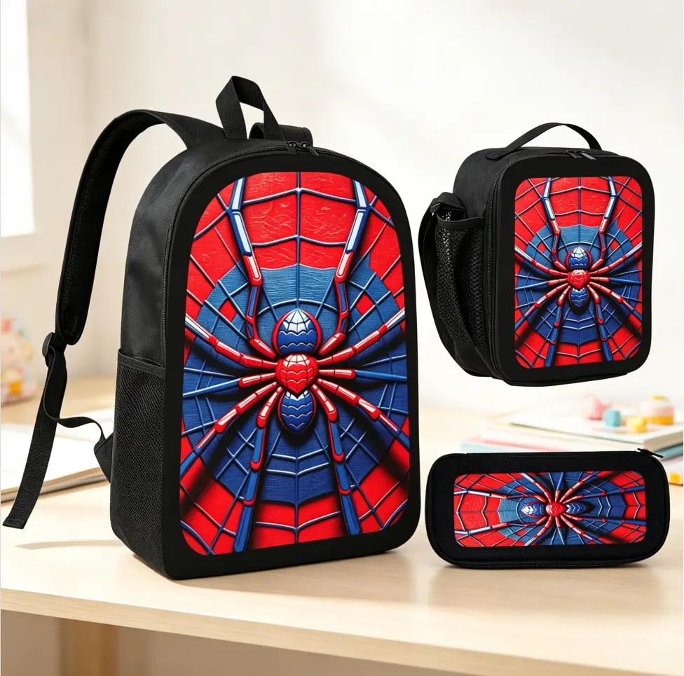 Cool Red & Blue Spider-Themed 3-Piece Backpack Set for Elementary School Boys (Includes Backpack, Lunch Bag, and Pencil Case)