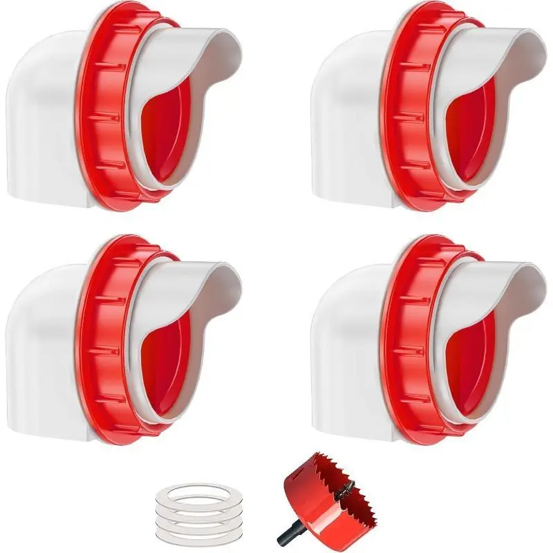 Chicken Feeders No Waste, DIY Automatic Poultry Feeder 4 Ports 1 Hole Saw with Covers Gravity Feed Kit for Buckets Barrels Bins Troughs waterer set Feeding